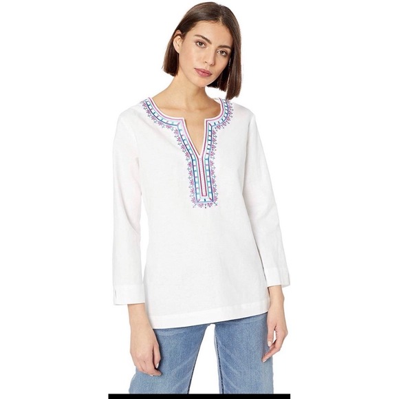 Pappagallo Tops - Pappagallo‎ White Embroidered Womens Tunic Top  Medium Linen 3/4 Sleeve New*